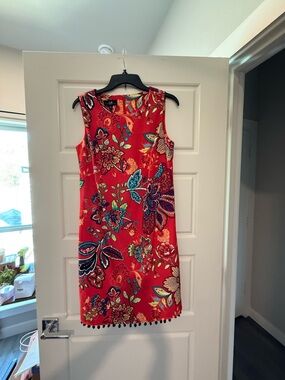 AGB Bright Red Floral Sleeveless Shift Dress with Black Pom Trim